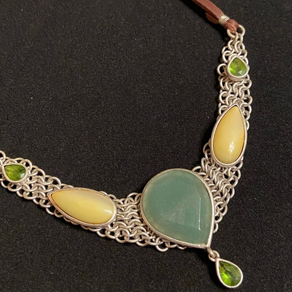 Kenneth Cole silver mesh, leather, adventurine necklace